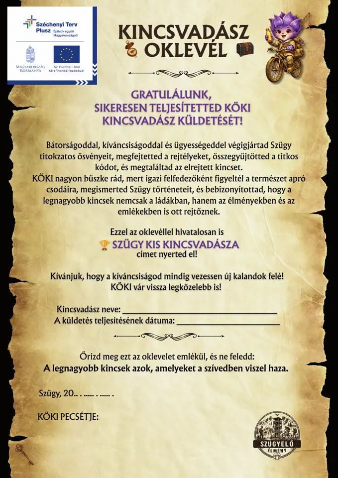 Kincsvadász oklevél előnézete